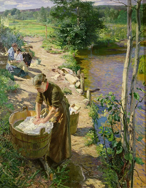 Washing by the River, Sandvika (oil on canvas)