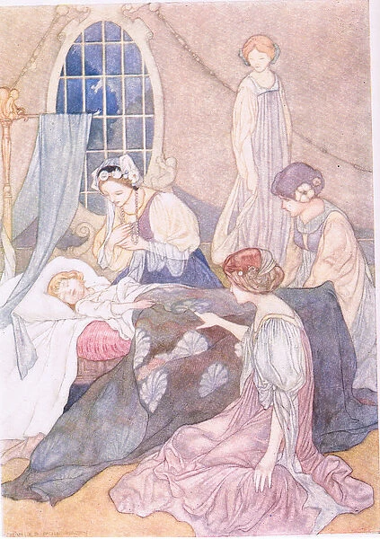 She went to her room, where slept her son George, guarded by waiting women (colour litho)