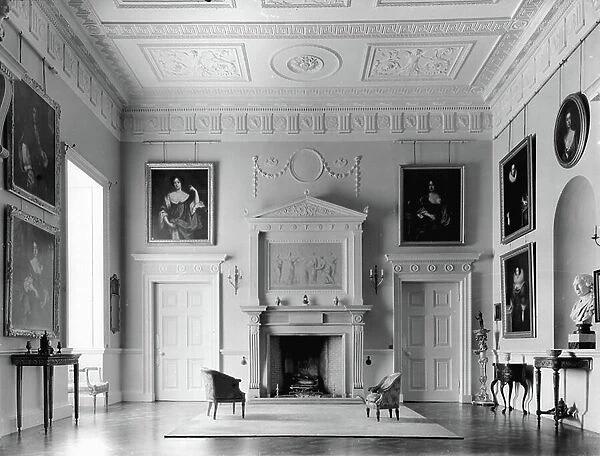 The west end of the entrance hall at Mersham-le-Hatch, Kent, from The Country Houses of Robert Adam, by Eileen Harris, published 2007 (b / w photo)