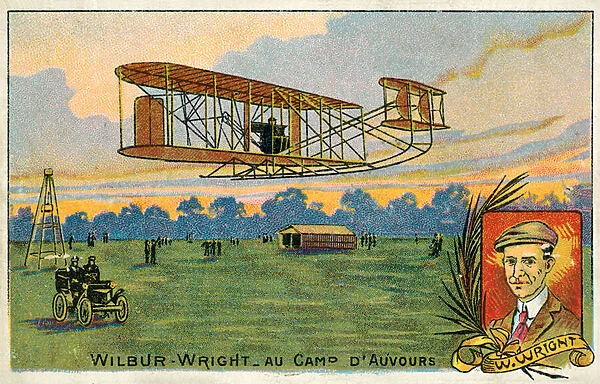 Wilbur Wright making a flight at the Camp d Avours, France, 1908 (chromolitho)