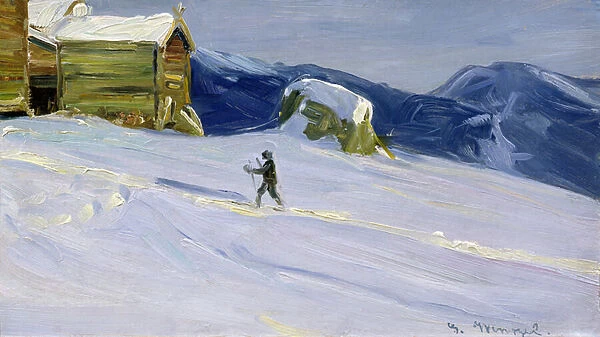 Winter evening in Vaga with skier (oil on canvas)