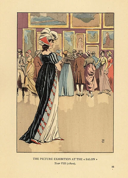 Woman in fashionable dress at the Picture Exhibition at the Paris Salon, Academie des Beaux-Arts, Year VIII, 1800. Handcoloured lithograph by R. V. after an illustration by Francois Courboin from Octave Uzannes Fashion in Paris