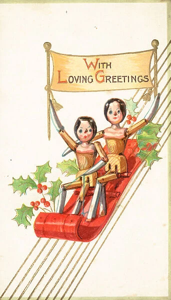 Wooden Dolls Sledging, Christmas Card (chromolitho)