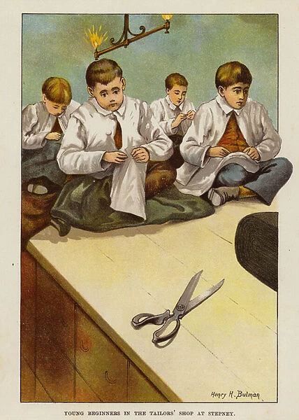 Young beginners in the Tailors school in Dr Barnardos Stepney Causeway childrens home, London (chromolitho)