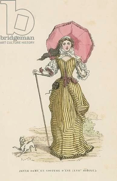 Young woman in summer dress, 17th Century (coloured engraving)