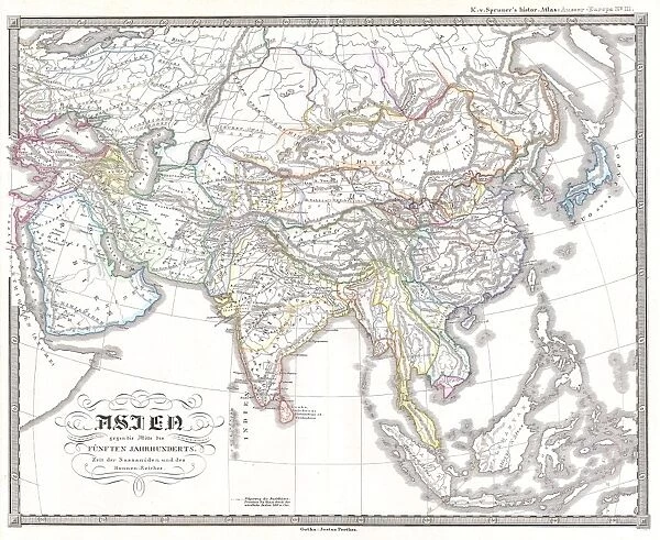 1855, Spruner Map of Asia in the 5th Century, Sassanid Empire, topography, cartography