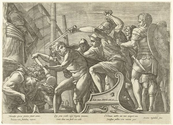 Hercules fights with Geryoneus (?), print maker: Hendrick Goltzius, Francesco Primaticcio