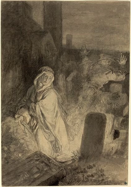 Joseph Fay (German, 1813 - 1875), A Man Fleeing from a Nun Praying in a Cemetery
