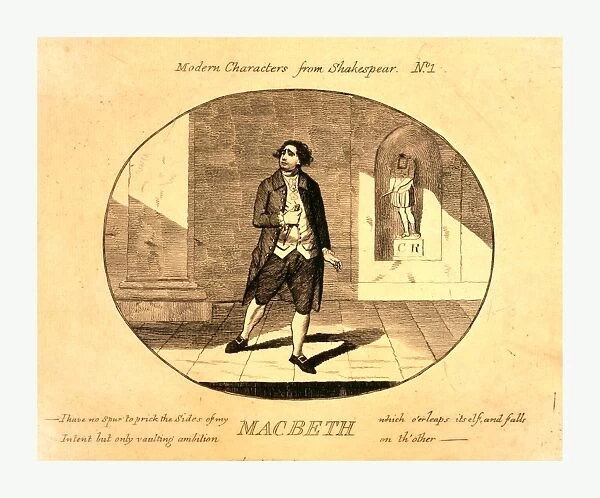 Modern characters from Shakespeare. Macbeth, engraving 1783, Man on stage, playing