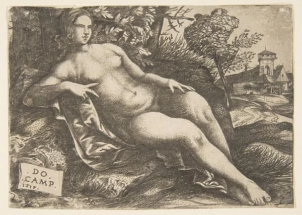 Nude woman Venus reclining landscape 1517 Engraving
