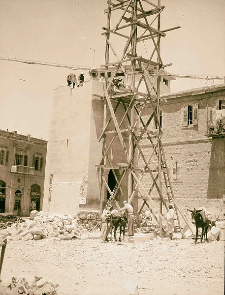 Taking down clock tower Old P. O square 1936 Jerusalem