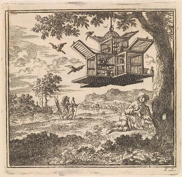 On a tree hangs a birdcage, Jan Luyken, wed. Pieter Arentsz & Cornelis van der Sys (II)