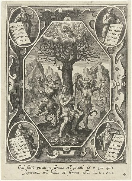 A young man is chained to a tree by two devils, Cornelis Galle I, Karel van Mallery, c