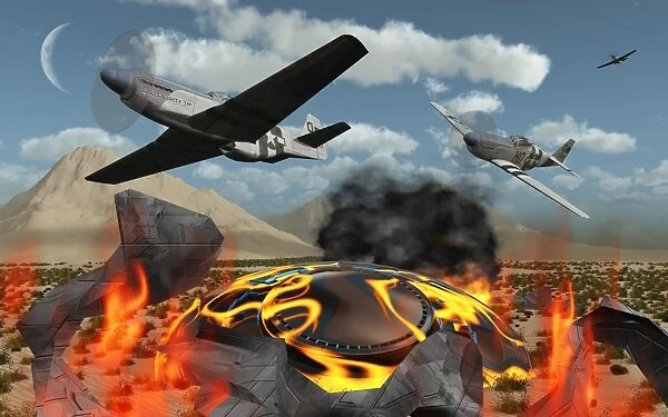American P-51 Mustang fighter planes destroy a UFO