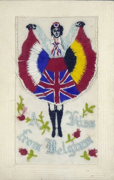 ostcard with embroidered picture depicting dancer with skirt made up of French, British and Belgian flags, with caption A Kiss From Belgium, 1917