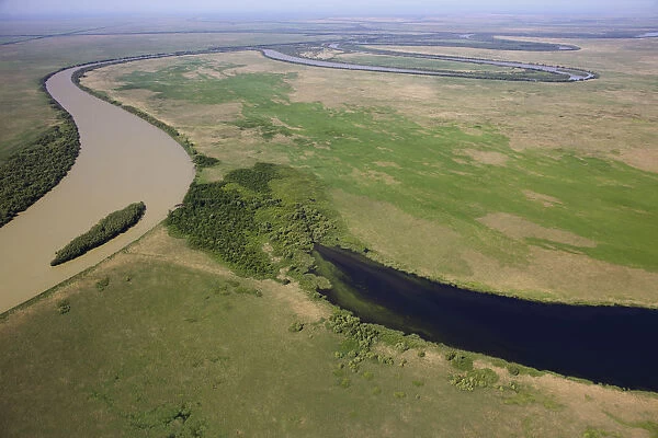 Aerial view of the meandering Saint George branch of the Danube river, Danube Delta