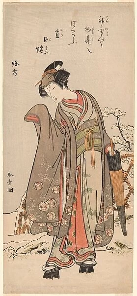 The Actor Segawa Kikunojo III in Private Life, Standing in a Snow-Covered Garden, Japan, c. 1775. Creator: Shunsho