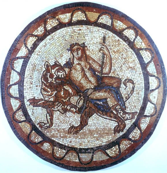 Bacchus, Ancient Roman god of Wine, riding on a tiger, Roman mosaic, 1st or 2nd century
