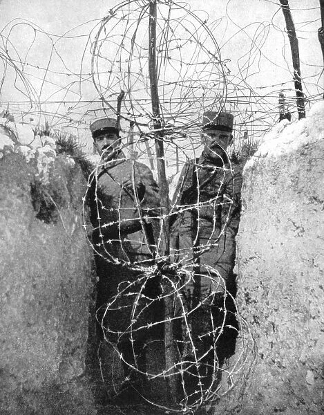 Barbed wire surrounding a French trench, World War I, 1915