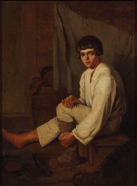 Boy putting bast shoe on, 1820s