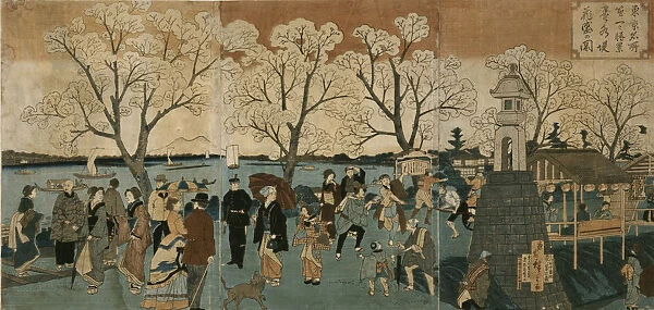 Cherry blossoms in full bloom along Sumida River. (Bokusui tsutsumi hanazakari no zu) by Hiroshige, Utagawa (1797-1858)