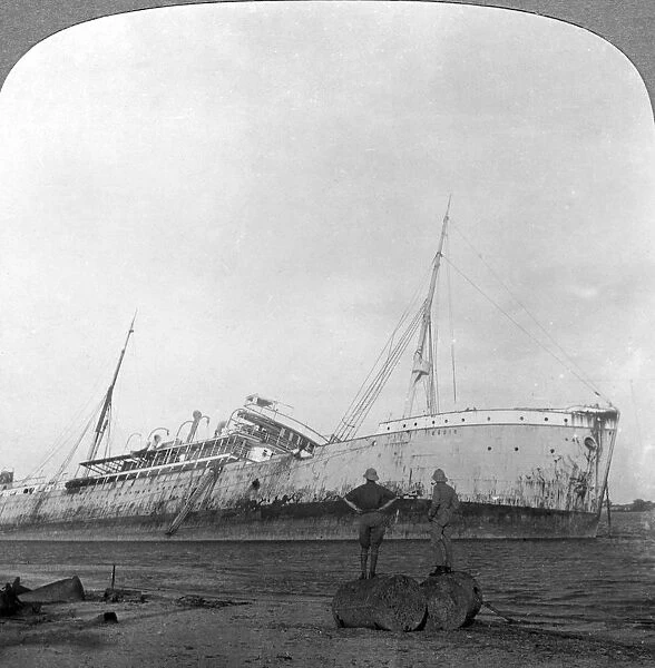 German cruiser sunk off Dar es Salaam, Tanzania, World War I, 1914-1918. Artist: Realistic Travels Publishers