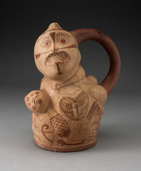 Handle Spout Vessel with Composite Relief Depicting a Human Head, Owl, and Serpent