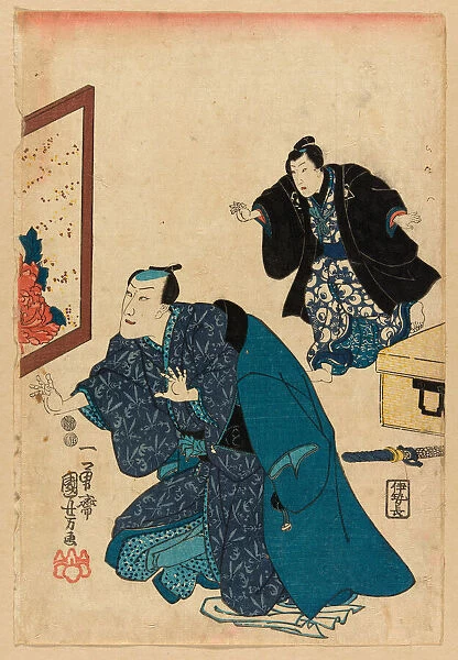 Ichikawa Danjuro VII before a screen decorated with peonies, c. 1847 / 52. Creator: Utagawa Kuniyoshi