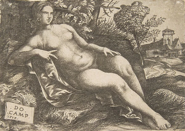 Nude woman (Venus) reclining in a landscape, 1517. Creator: Domenico Campagnola