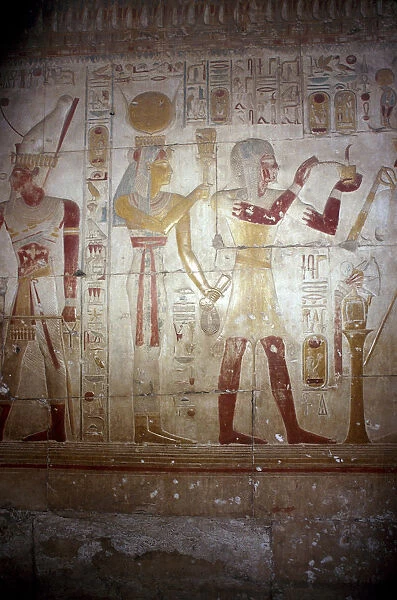 Painted relief of Sethos and Isis-Hathor, Temple of Sethos I, Abydos, Egypt, 19th Dynasty, c1280 BC