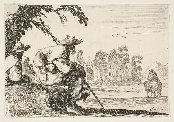 Plate 5: two pilgrims with hats rest to the left, seen from behind