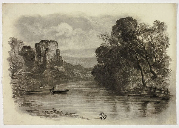 River with Castle Ruin and Boat II, c. 1855. Creator: Elizabeth Murray