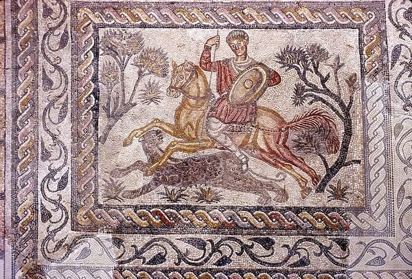 Roman Mosaic of Horseman hunting a leopard, Merida, Spain, c2nd-3rd century