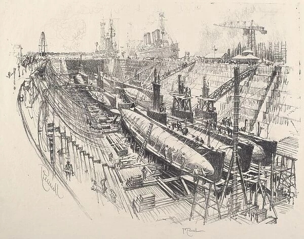Submarines in Dry Dock, 1917. Creator: Joseph Pennell