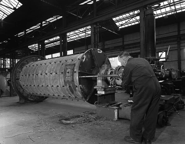 Using an industrial drill during the fabrication of a ball mill, Sheffield, South Yorkshire, 1963