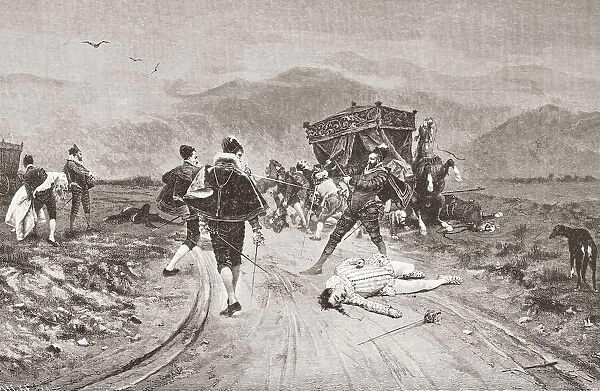 An attack on a coach, mid 17th century. From La Ilustracion Artistica, published 1887