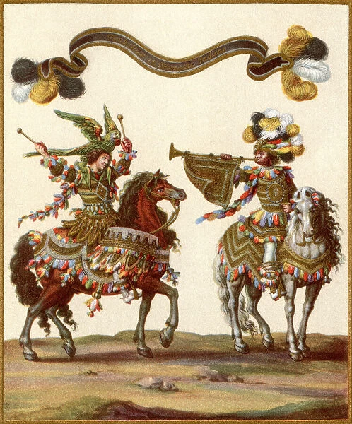 Indian drummer and trumpet player. Part of the Grand Carousel given by Louis XIV in front of the Tuileries, Paris, France, 5th June 1662, to celebrate the birth of the Dauphin. From L Illustration, published 1936