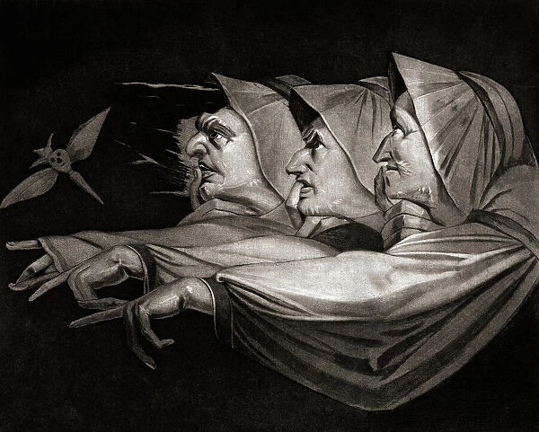 The Witches of Macbeth. After a 19th century print by Swiss artist Henry Fuseli illustrating Act I, Scene I of Macbeth by WIlliam Shakespeare