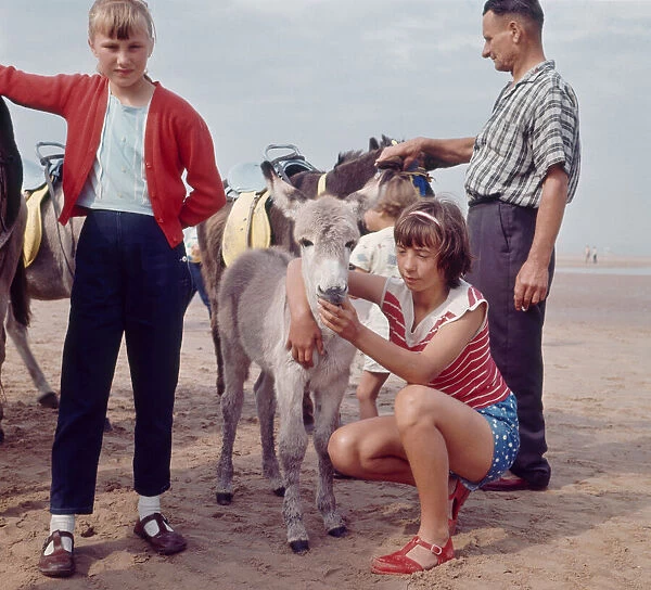 Children about to go for a donkey ride on the beach at Blackpool, 1963