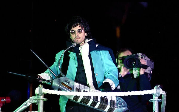 French composer and performer Jean Michel Jarre seen here on stage during his