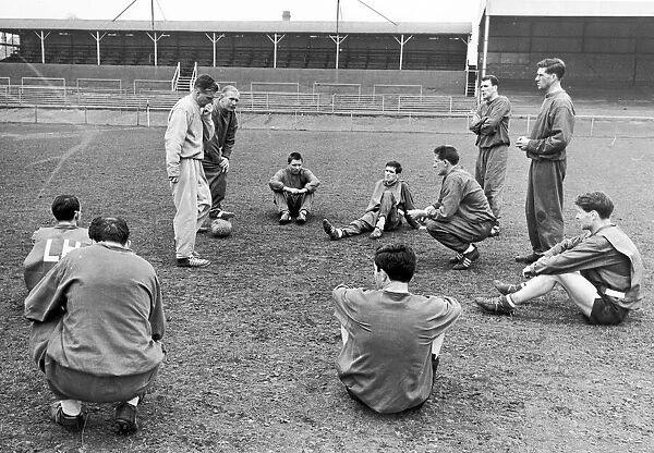 Southampton FC Training Session, 25th April 1963. Ted Bates, Manager, talks to team