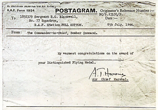 World War Two - Second World War - A Postagram to RAF Sergeant R G Blackwell, No