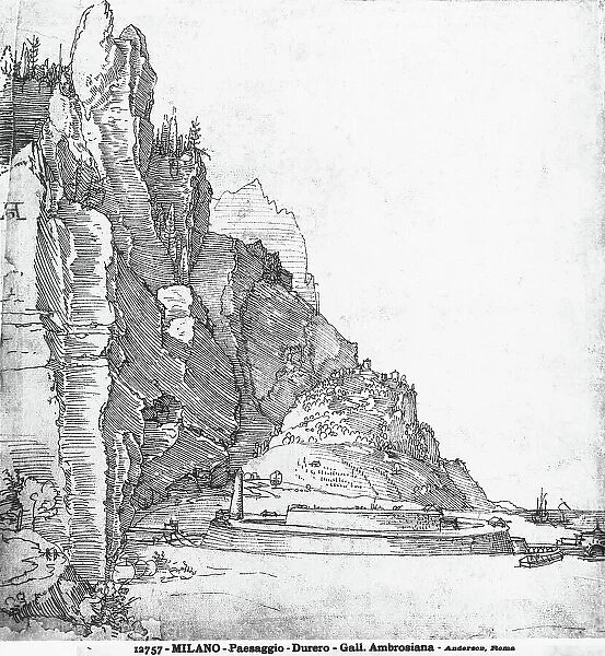 Landscape. Drawing by Albrecht Durer preserved in the Ambrosian Portrait Gallery, Milan