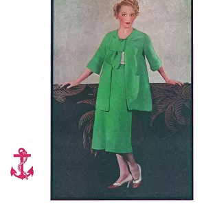 Actress Binnie Hale wearing a bright green swagger suit knitted in Anchor Tricoton Date: 1936