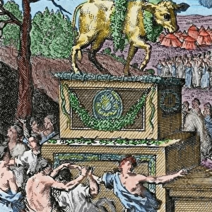The Adoration of the Golden calf. Engraving. Colored
