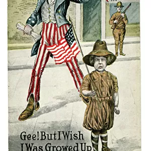 A beflagged Uncle Sam blows a bugle for recruits