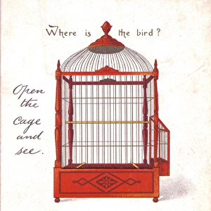 Empty birdcage on a greetings card