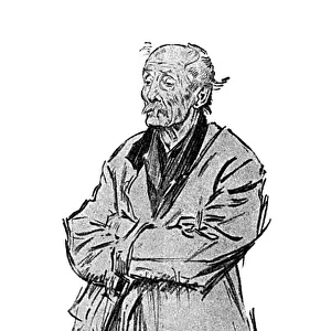 Character study by Phil May of an old man in a raincoat