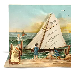 Children with a sailing boat on a Christmas card