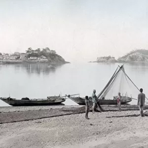Fisherman and boat, inland sea, Bingo, Japan, c. 1890 Vintage late 19th century photograph